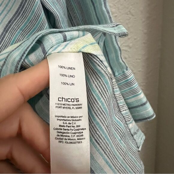 Chicos No Iron Striped 100% Linen Button Front Top Shirt Teal Blue White Size XL - Picture 9 of 10